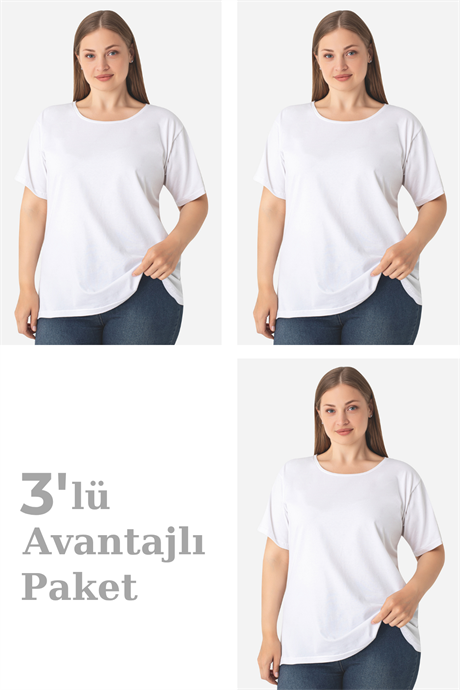 Kadın Büyük Beden Pamuklu Basic Kısa Kollu Bisiklet Yaka Tişört Beyaz 3'lü Paket