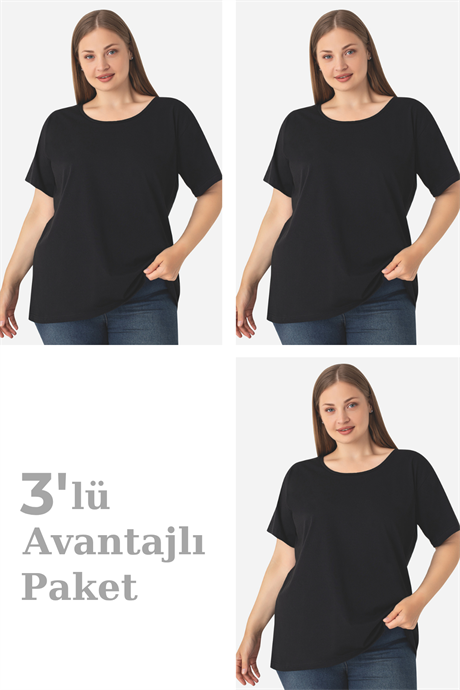 Kadın Büyük Beden Pamuklu Basic Kısa Kollu Bisiklet Yaka Tişört Siyah 3'lü Paket