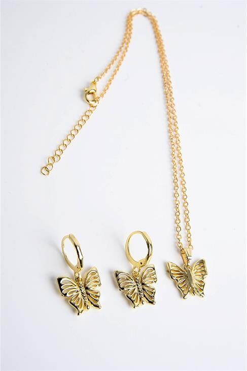Kelebek Tasarımlı Gold Renkli Kolye Küpe Seti