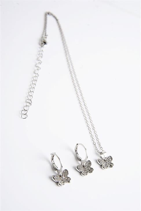 Kelebek Tasarımlı Zirkon Taşlı Kolye Küpe Takım