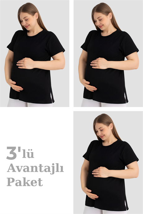 Pamuklu Kısa Kollu Hamile Tişört Siyah 3'lü Paket – Yumuşak ve Rahat Hamile Giyim