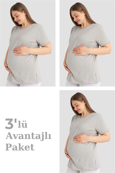 Pamuklu Kısa Kollu Hamile Tişört Gri 3'lü Paket – Yumuşak ve Rahat Hamile Giyim