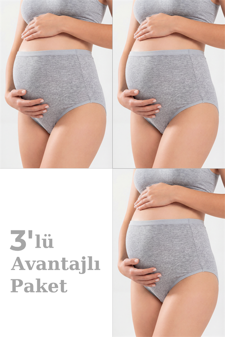 3'lü Paket Kadın Gri Pamuklu Likralı Yüksek Bel Hamile Lohusa Külot Esnek ve Rahat Kumaş
