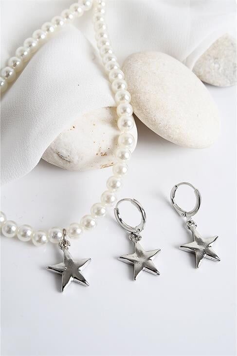 Yıldız Tasarımlı İnci Taşlı Kolye Küpe Takım