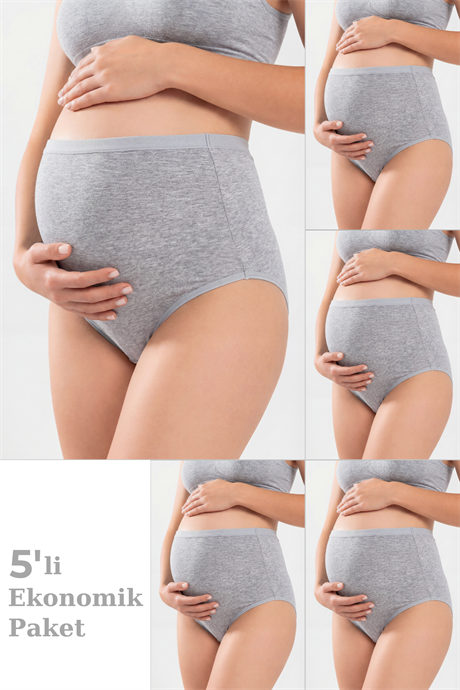 5'li Paket Gri Kadın Pamuklu Likralı Yüksek Bel Hamile Lohusa Külot