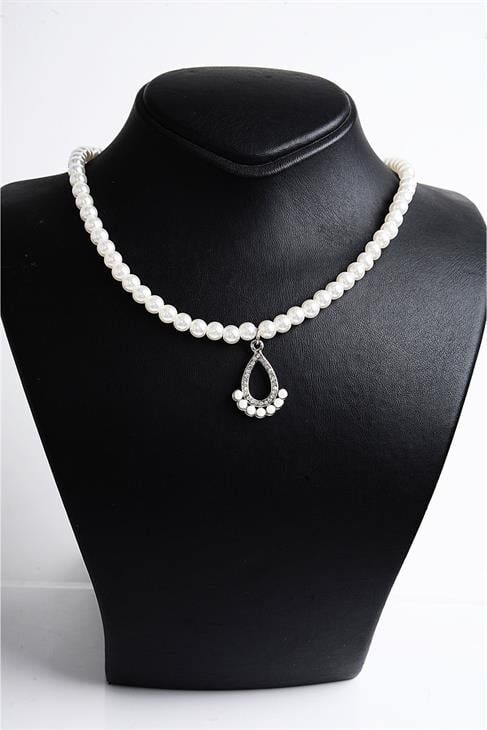 Damla Tasarımlı İnci ve Zirkon Taşlı Kolye Küpe Takım