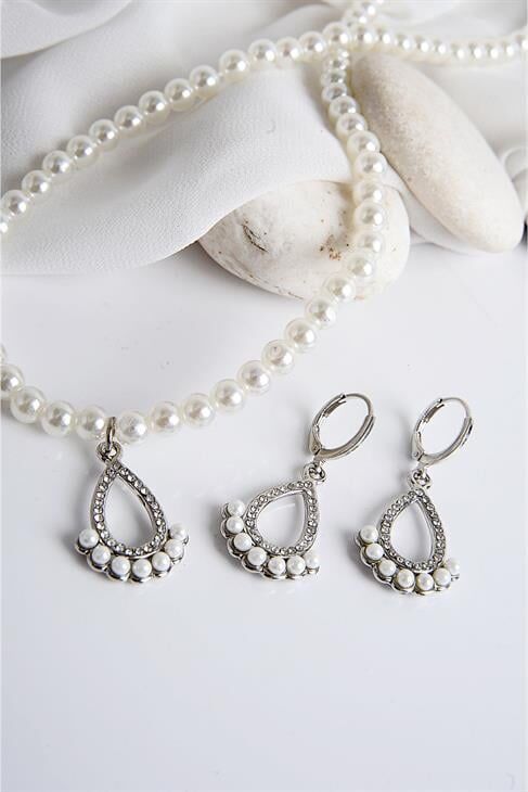 Damla Tasarımlı İnci ve Zirkon Taşlı Kolye Küpe Takım