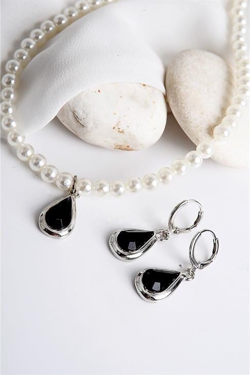 Damla Tasarımlı İnci Taşlı Kolye Küpe Takım