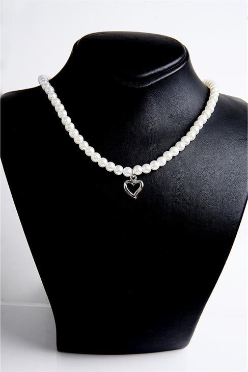 Kalp Tasarımlı İnci Taşlı Kolye Küpe Takım