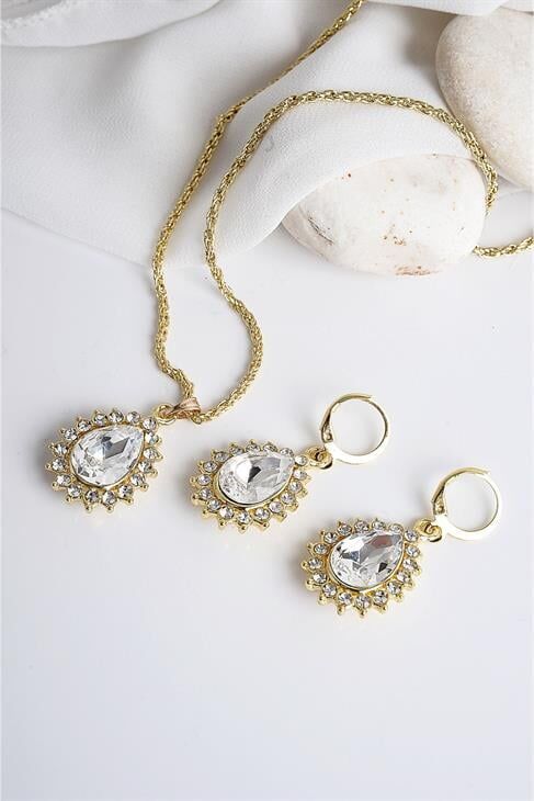 Özel Tasarımlı Beyaz Taşlı Taşlı Kolye Küpe Takım