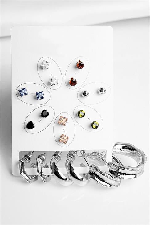 Halka Tektaş Ve Top Küpeli Zirkon Taşlı Gold Ve Gümüş Kaplamalı 10lu Küpe Seti