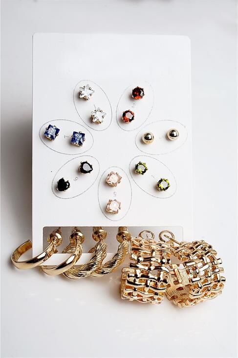 Halka Tektaş Ve Top Küpeli Zirkon Taşlı Gold Ve Gümüş Kaplamalı 10lu Küpe Seti