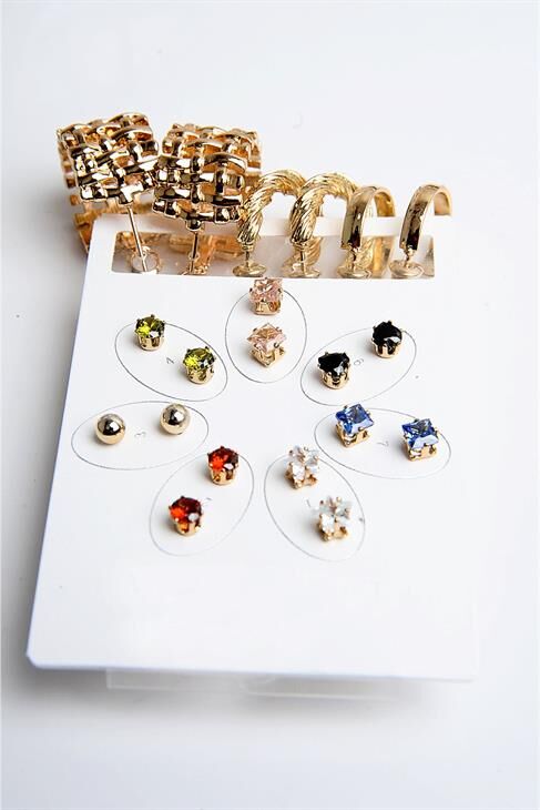 Halka Tektaş Ve Top Küpeli Zirkon Taşlı Gold Ve Gümüş Kaplamalı 10lu Küpe Seti