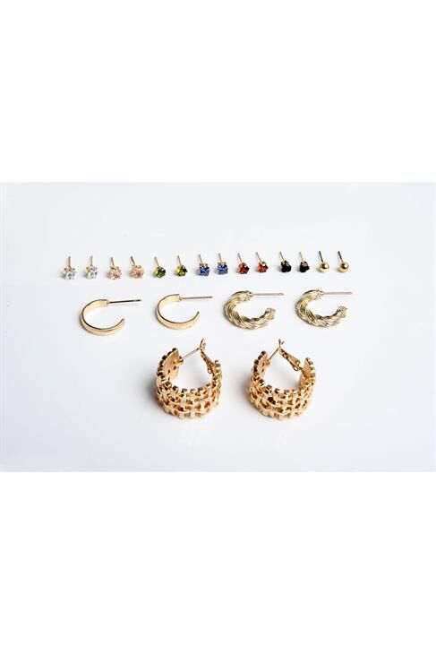 Halka Tektaş Ve Top Küpeli Zirkon Taşlı Gold Ve Gümüş Kaplamalı 10lu Küpe Seti