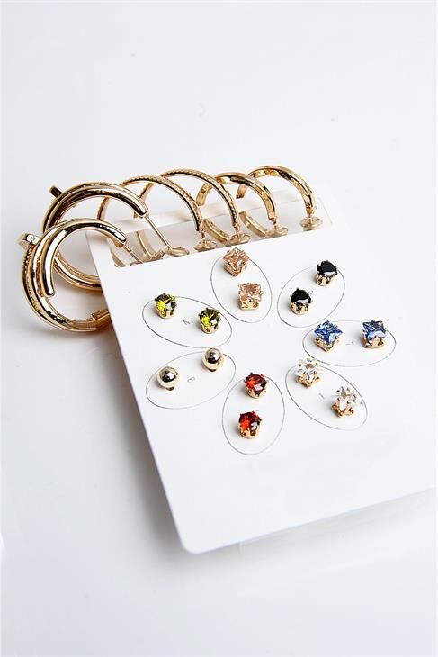 Halka Tektaş Ve Top Küpeli Zirkon Taşlı Gold Ve Gümüş Kaplamalı 10lu Küpe Seti