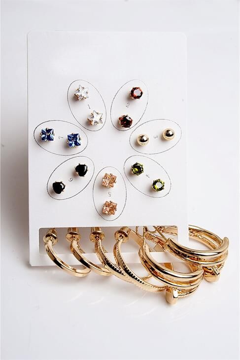 Halka Tektaş Ve Top Küpeli Zirkon Taşlı Gold Ve Gümüş Kaplamalı 10lu Küpe Seti