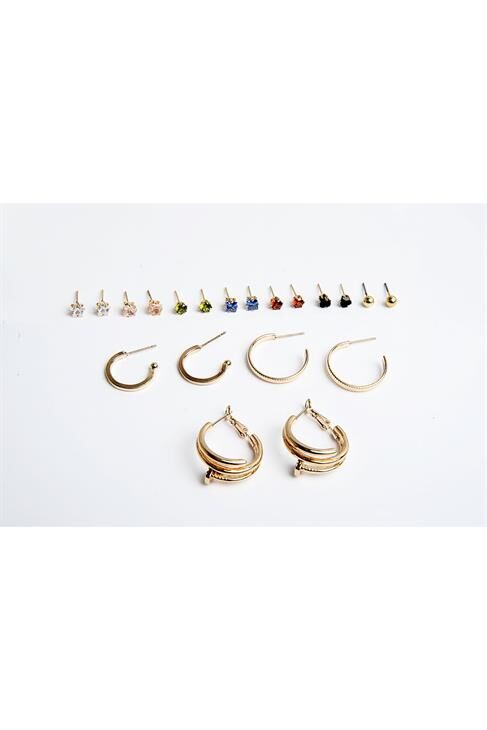 Halka Tektaş Ve Top Küpeli Zirkon Taşlı Gold Ve Gümüş Kaplamalı 10lu Küpe Seti