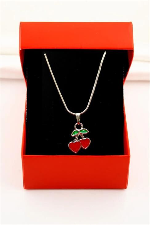 Kalp Kiraz Tasarımlı Özel Yılan Zincirli Gümüş Renkli Kolye