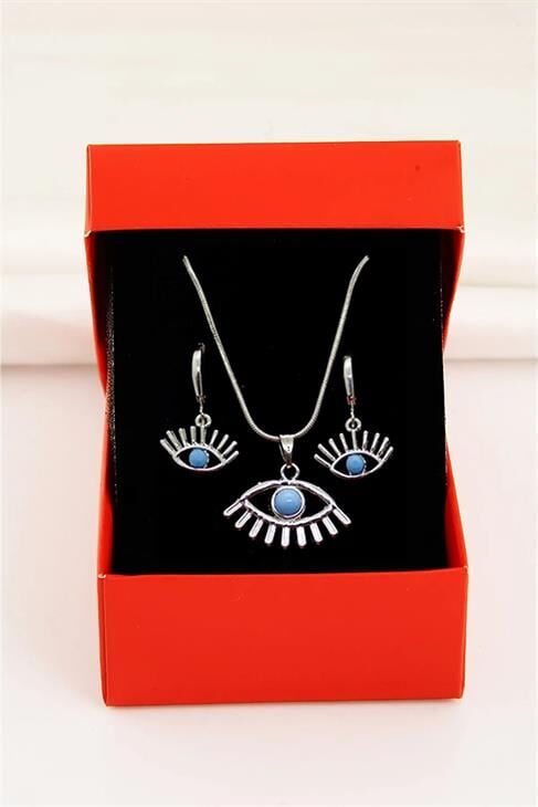 Göz Tasarımlı Gümüş Renkli Kolye Küpe Takımı