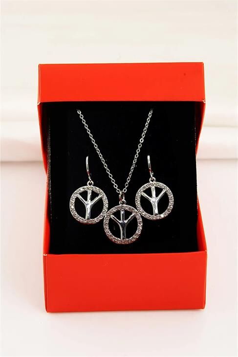 Barış Sembolü Tasarımlı Gümüş Renkli Kolye Küpe Takımı