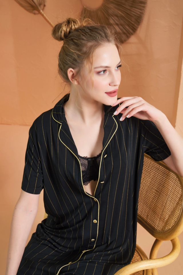 Pjs 27043 Kadın Kısa Kol Çizgili Önü Düğmeli Gecelik