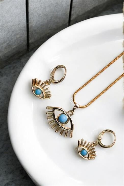 Göz Tasarımlı Kolye Küpe Takım Seti