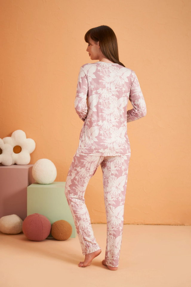 PJS 28017 Kadın Uzun Kol Önü Düğmeli Pijama Takım