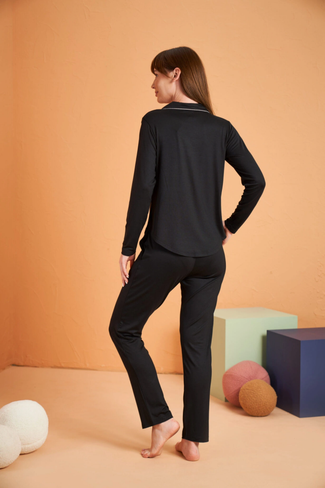 PJS 28049 Kadın Uzun Kol Önü Düğmeli Pijama Takım