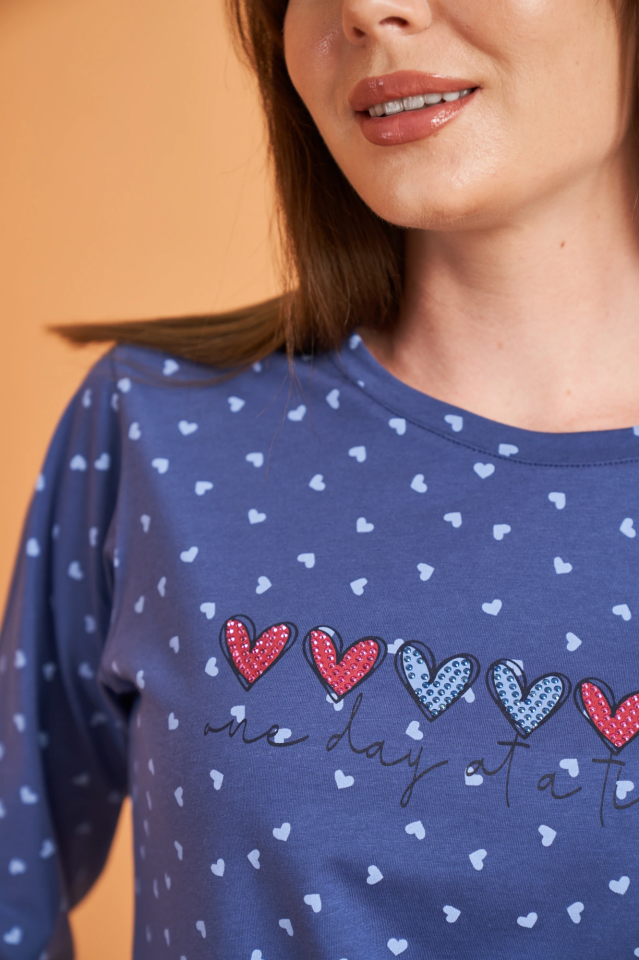 PJS 28081 Kadın Uzun Kol Yuvarlak Yaka Kalpli Pijama Takım