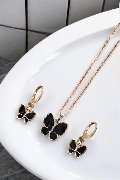 Kelebek Tasarımlı Gold Renkli Kolye Küpe Seti