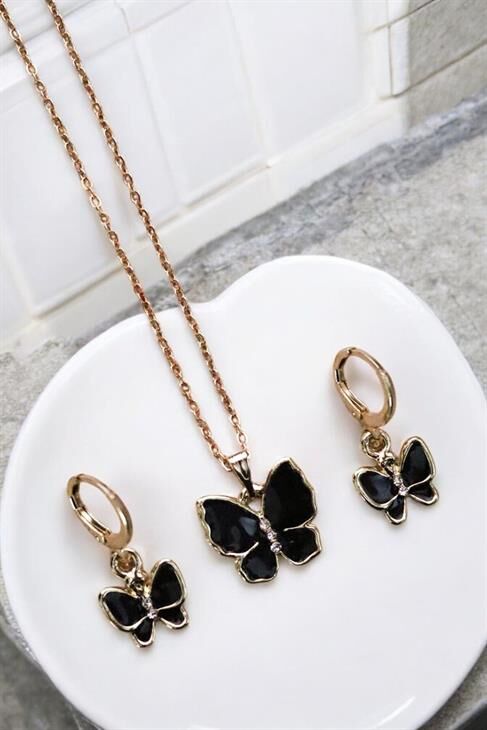 Kelebek Tasarımlı Gold Renkli Kolye Küpe Seti