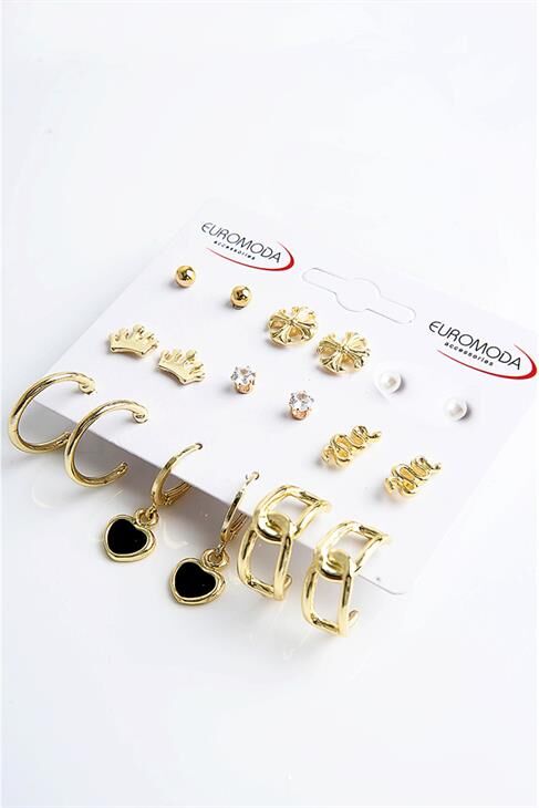 Kalpli Kar Taneli Kral Tacı ve Yılan Tasarımlı İnci Zirkon Halka ve Top Küpeli 9lu Küpe Seti