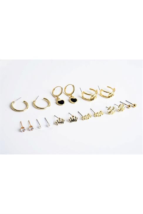 Kalpli Kar Taneli Kral Tacı ve Yılan Tasarımlı İnci Zirkon Halka ve Top Küpeli 9lu Küpe Seti