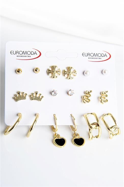 Kalpli Kar Taneli Kral Tacı ve Yılan Tasarımlı İnci Zirkon Halka ve Top Küpeli 9lu Küpe Seti