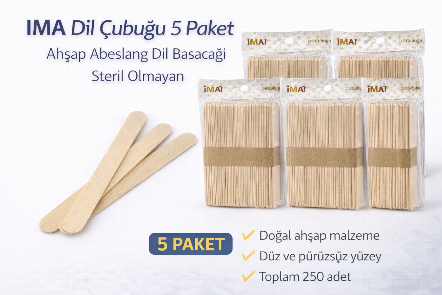 İMA Dil Çubuğu 50 Adet Ahşap Abeslang Steril Olmayan Tahta Dil Basacağı 5 Paket