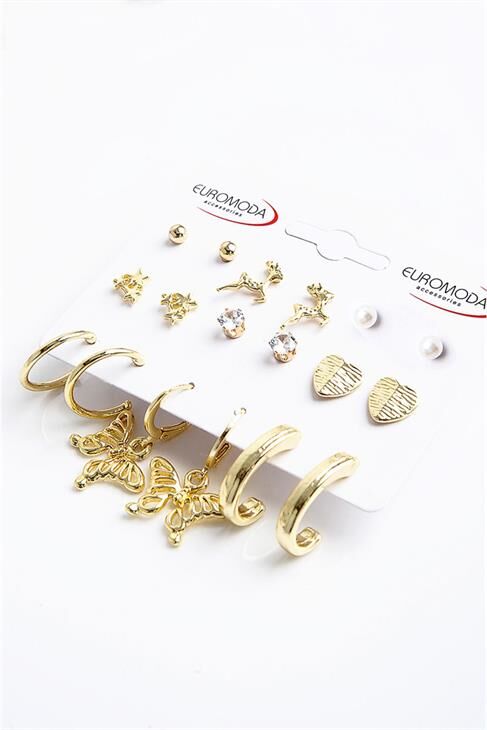 Kelebekli Yıldız Kalp ve Ceylan Tasarımlı İnci Zirkon Halka ve Top Küpeli 9lu Küpe Seti