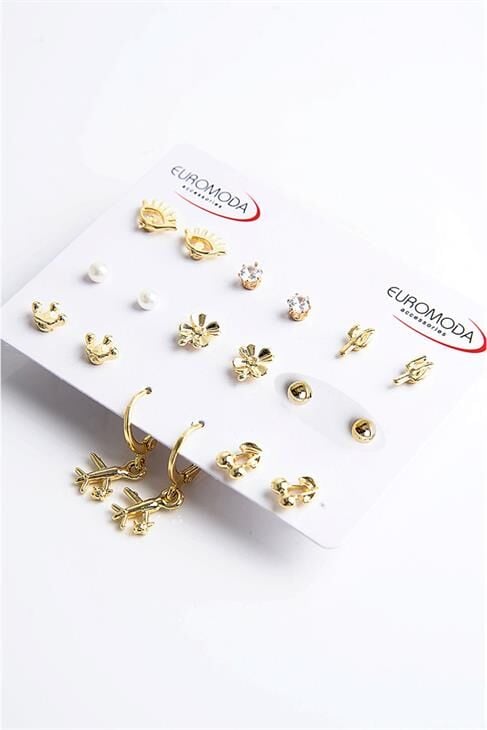 Uçak Yonca Taç Göz Kaktüs ve Kiraz Tasarımlı İnci Zirkon Halka ve Top Küpeli 9lu Küpe Seti