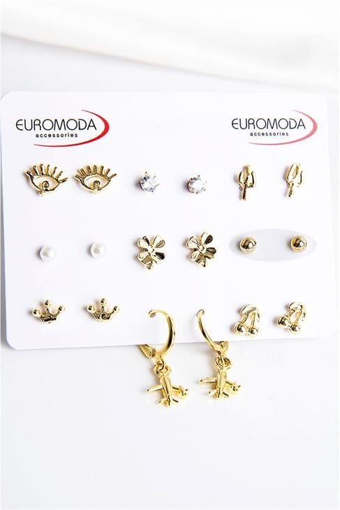 Uçak Yonca Taç Göz Kaktüs ve Kiraz Tasarımlı İnci Zirkon Halka ve Top Küpeli 9lu Küpe Seti