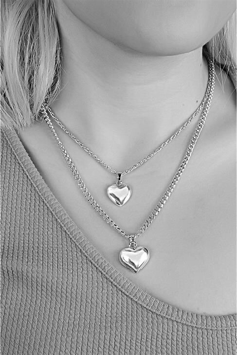 Kalp Tasarımlı 2li Zincirli Kolye Küpe Bileklik Takımı Sevgililer Günü