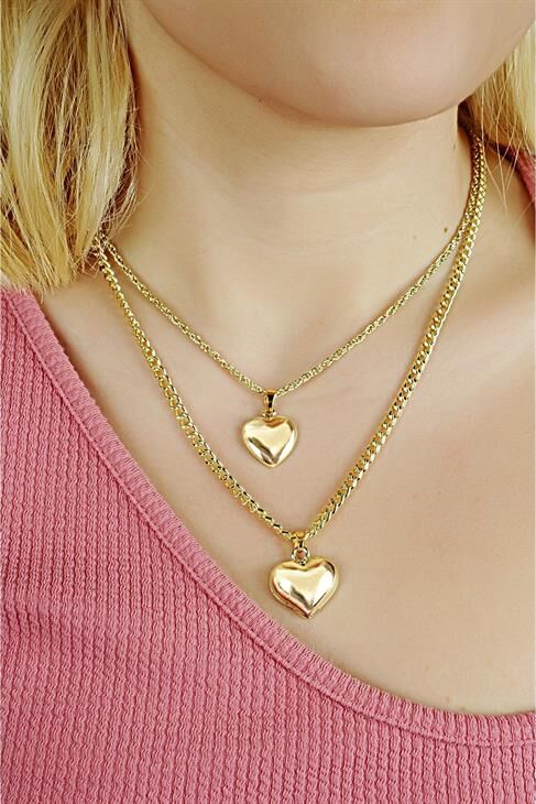 Kalp Tasarımlı 2li Zincirli Kolye Küpe Bileklik Takımı