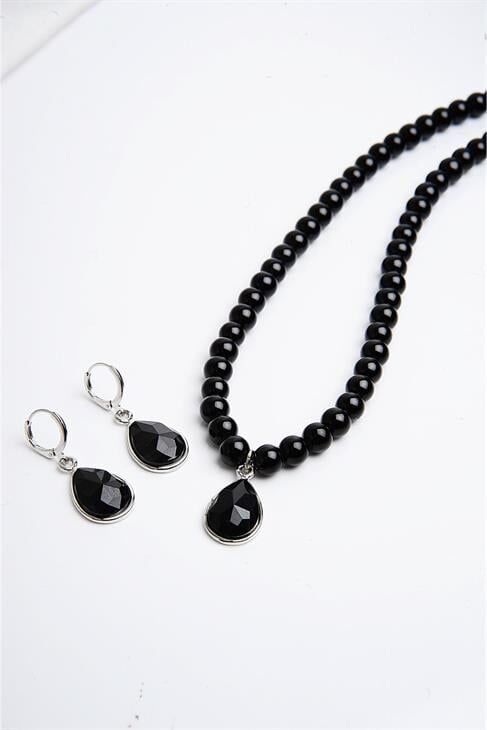 Siyah İncili Damla Tasarımlı Kolye Küpe İnci Takımı