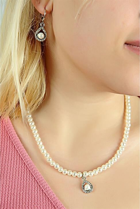 Özel Tasarımlı İnci ve Zirkon Taşlı Kolye Küpe İnci Takım