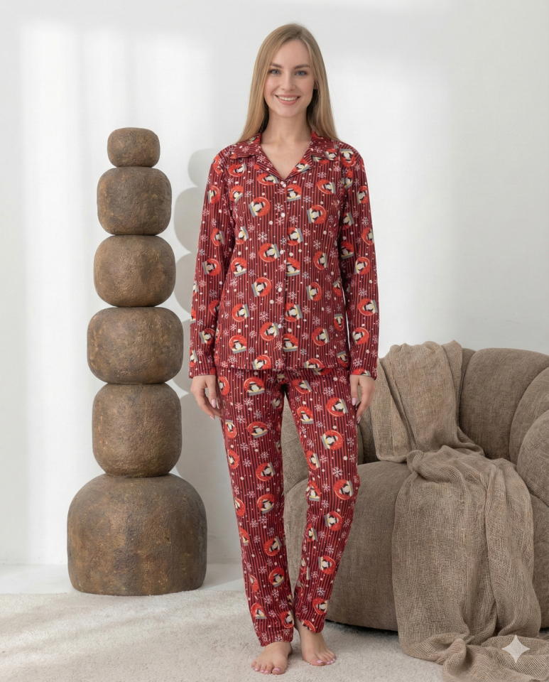 Boyraz 0350 Kadın Süet Patlı Uzun Kol Pijama Takımı