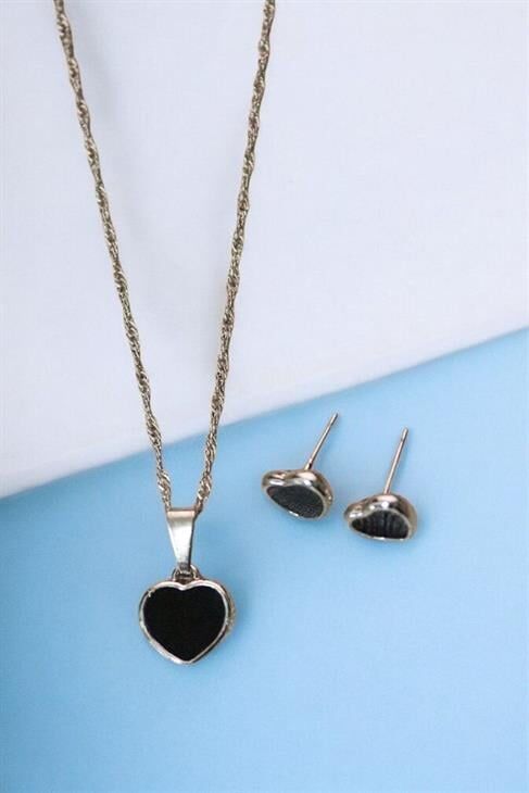 Siyah Kalp Tasarımlı Kolye Küpe Takım