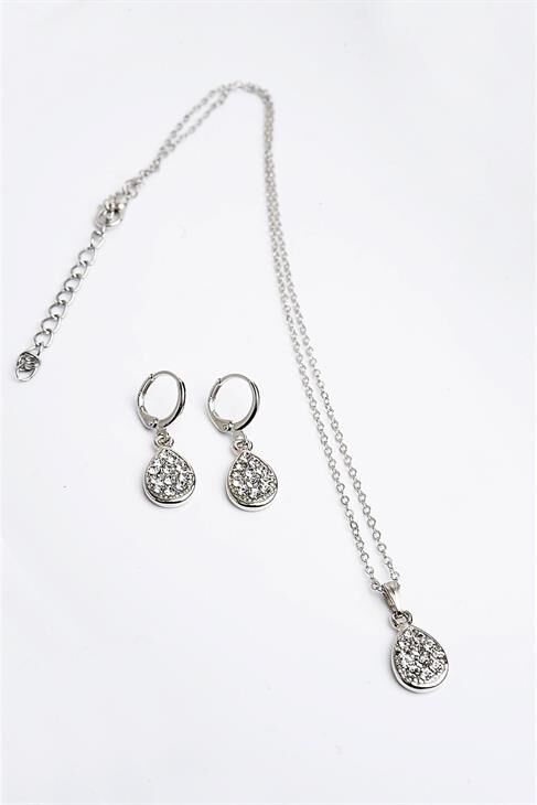 Damla Tasarımlı Zirkon Taşlı Gümüş Renkli Kolye Küpe Takım Set