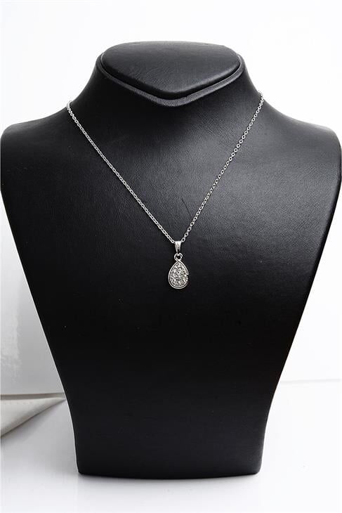 Damla Tasarımlı Zirkon Taşlı Gümüş Renkli Kolye Küpe Takım Set