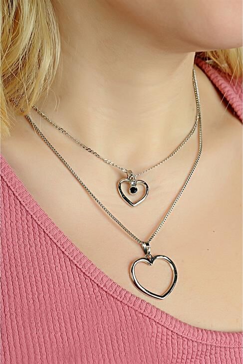 Kalp Tasarımlı 2li Zincirli Kolye Küpe ve Bileklik Takımı