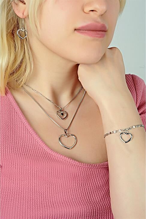 Kalp Tasarımlı 2li Zincirli Kolye Küpe ve Bileklik Takımı