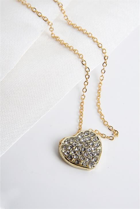 Kalp Tasarımlı Parlak Taşlı Gold Renkli Kolye