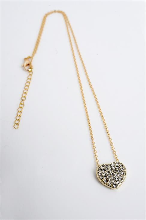Kalp Tasarımlı Parlak Taşlı Gold Renkli Kolye